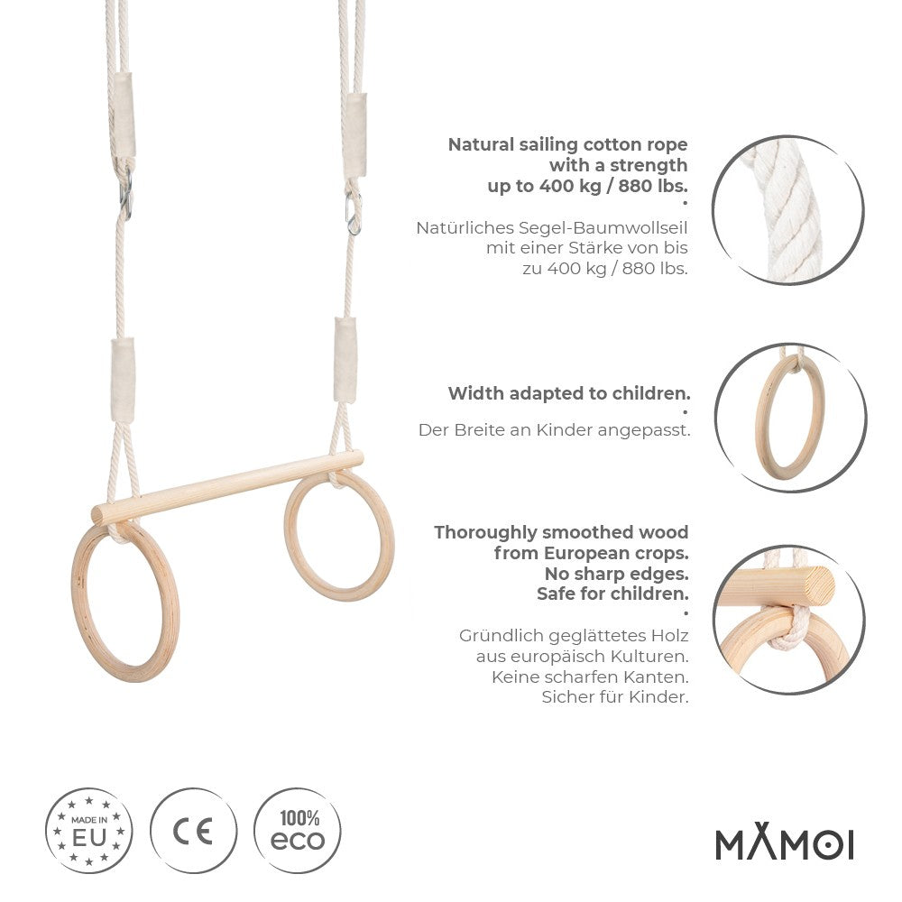 MAMOI® Trapeze bar baby swing, Indoor gymnastic rings, Monkey bars gorilla gym, Gymnastics pull up equipment for kids, Olympic rings and swings for calisthenics